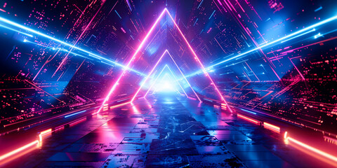 Fototapeta premium Futuristic abstract design with geometric shapes, vibrant neon lights, and dynamic perspective creates immersive visual experience. interplay of colors evokes sense of excitement and innovation