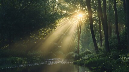 Fototapeta premium Sunbeams Filtering Through Trees and Illuminating a Woodland Stream