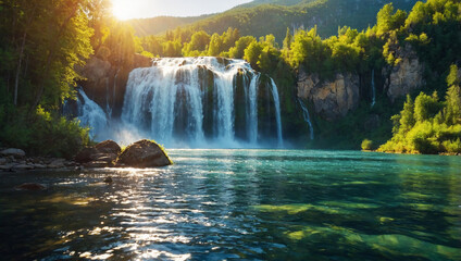 In the sunny mountains, a waterfall cascades into a serene lake, surrounded by birds and wildlife