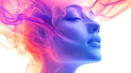 Bright and weightless digital image of a young beautiful woman blown by a gentle wind, in vector style, on a transparent background