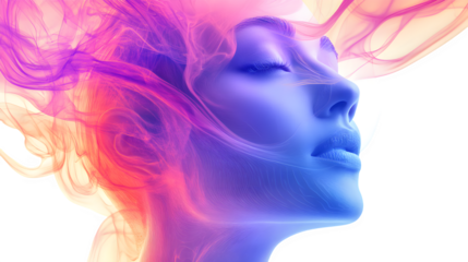 Bright and weightless digital image of a young beautiful woman blown by a gentle wind, in vector style, on a transparent background