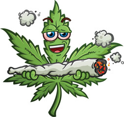 marijuana pot leaf cartoon character with a cool attitude and bloodshot red eyes holding a gigantic large burning doobie joint and smiling big in his intoxicated state of mind