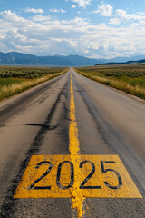 Year '2025' Written in Yellow on Asphalt Road with Arrow Pointing Forward: Symbolizing Hope and the Future for the New Year - Perfect Visual for Motivational Themes, Progress, and New Beginnings.