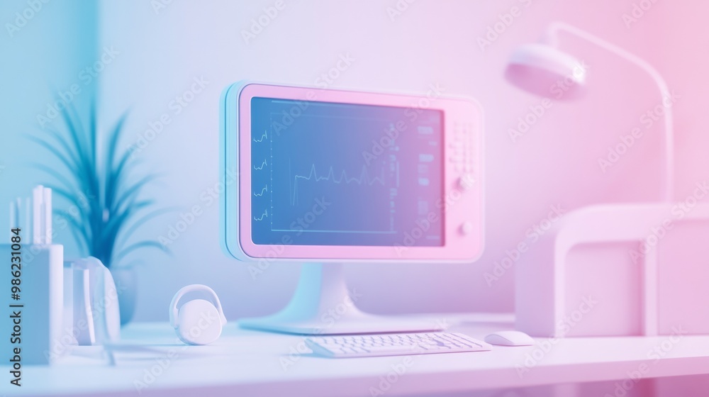 Poster a computer monitor sits on a desk with a pink background