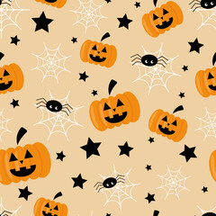 Vector seamless Halloween pattern with orange pumpkins, spider and cobwebs