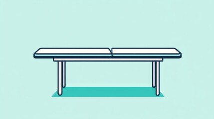 A white bench with a blue background