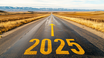 Year '2025' Written in Yellow on Asphalt Road with Arrow Pointing Forward: Symbolizing Hope and the Future for the New Year - Perfect Visual for Motivational Themes, Progress, and New Beginnings.