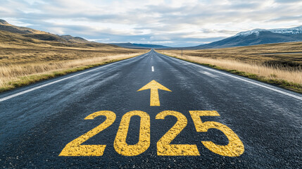 Year '2025' Written in Yellow on Asphalt Road with Arrow Pointing Forward: Symbolizing Hope and the Future for the New Year - Perfect Visual for Motivational Themes, Progress, and New Beginnings.