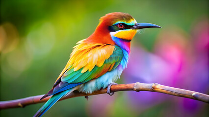 Colorful bird with feathers in all the colors of the rainbow, standing on a branch, rainbow, bird, colorful, feathers