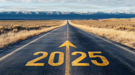 Year '2025' Written in Yellow on Asphalt Road with Arrow Pointing Forward: Symbolizing Hope and the Future for the New Year - Perfect Visual for Motivational Themes, Progress, and New Beginnings.