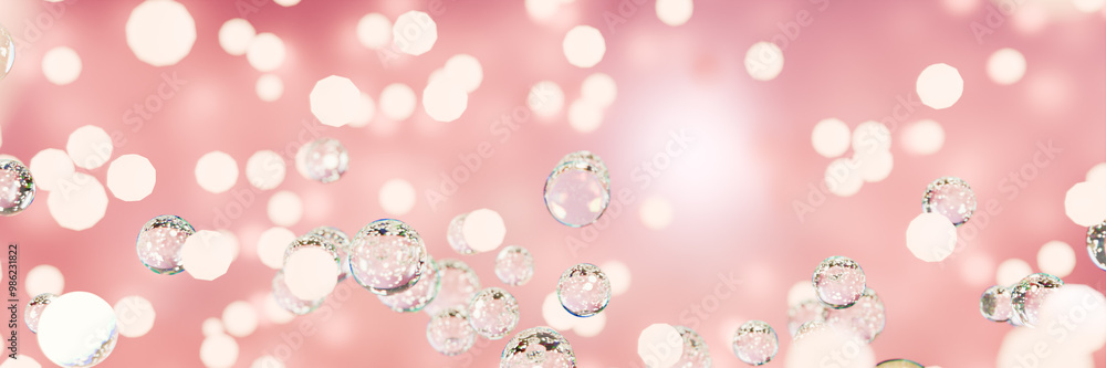 Poster bubbles float against a soft pink background, creating a whimsical atmosphere, perfect for celebrati
