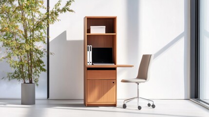 Modern Workspace with Wood Furniture and Natural Light