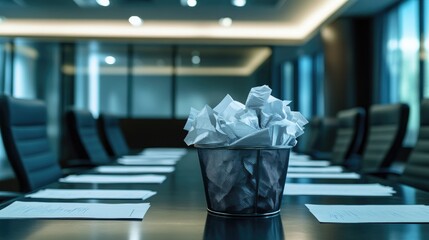Crumpled papers fill a trash bin in a quiet boardroom, symbolizing failure in planning and business inefficiency.