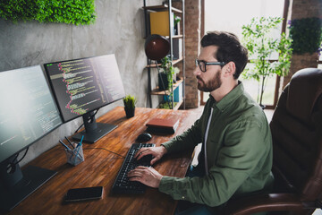 Photo of intelligent man hardware expert wear shirt work with operating system server pc cyber...