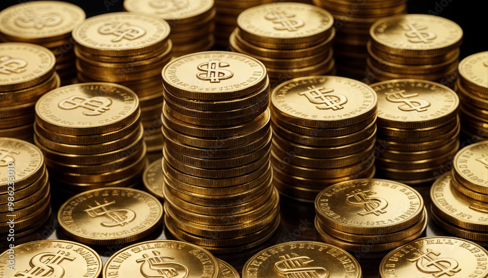 Poster golden coins displaying dollar symbols are neatly stacked on a dark surface, creating a visually str