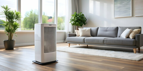 Air purifier in a modern living room setting , clean air, technology, home, environment, purification, device, health, filter