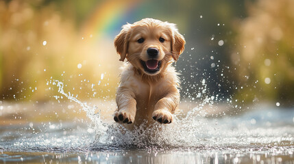 Golden Retriever Puppy Joyfully Leaping Through Water Under A Rainbow In A Vibrant Forest Scene