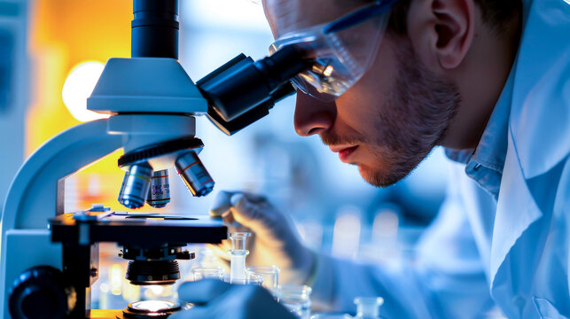 medical researcher examining slides under microscope, showcasing dedication and precision in laboratory setting. focus on details highlights importance of scientific research