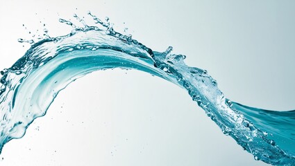 Dynamic splash of water forming an elegant arc against light blue gradient background, showcasing fluidity and motion with suspended droplets, minimalist beauty, generative AI