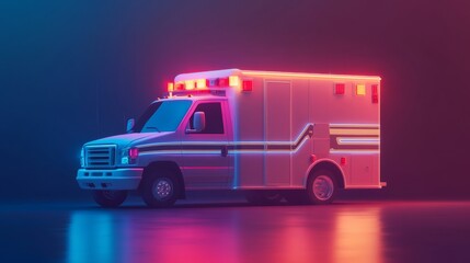 A neon ambulance is parked on a wet road