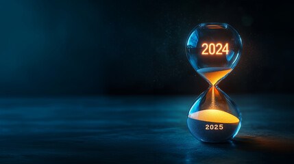 Hourglass Engraved with '2024' on the Upper Half and '2025' on the Lower Half: Sand Flowing to Symbolize Transition from One Year to the Next - Ideal for Themes of Time, Change, and New Beginnings.