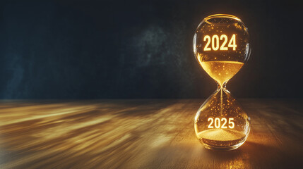 Hourglass Engraved with '2024' on the Upper Half and '2025' on the Lower Half: Sand Flowing to Symbolize Transition from One Year to the Next - Ideal for Themes of Time, Change, and New Beginnings.
