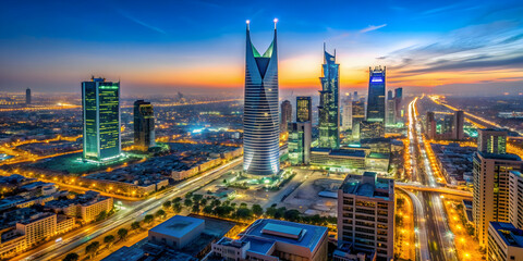 Obraz premium Stunning view of illuminated KAFD buildings at blue hour in Riyadh, Saudi Arabia, KAFD, Riyadh, Saudi Arabia