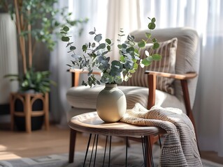 Interior of modern living room with armchair and vase with eucalyptus