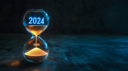 Hourglass Engraved with '2024' on the Upper Half and '2025' on the Lower Half: Sand Flowing to Symbolize Transition from One Year to the Next - Ideal for Themes of Time, Change, and New Beginnings.