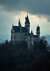 Fototapeta premium Majestic Castle on a Hilltop with Dramatic Clouds