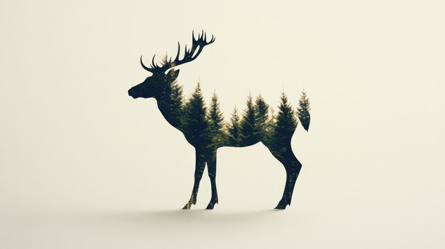 Deer with forest imagery within its silhouette, representing unity between animals and their habitats.