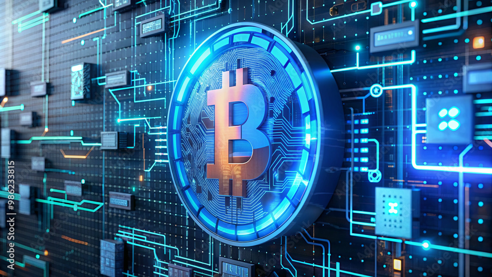 Poster the visual showcases bitcoin at the center, surrounded by intricate circuit patterns that illuminate