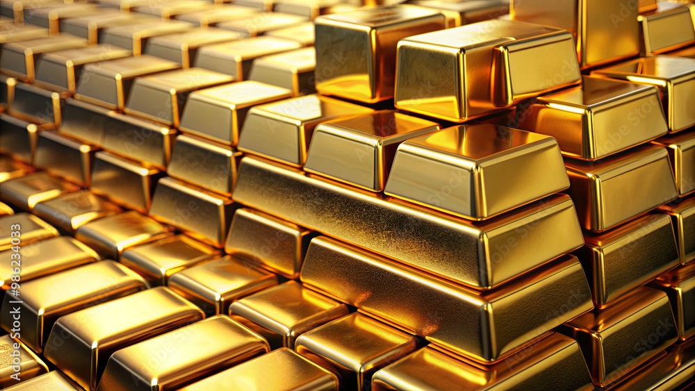 Poster numerous gold bars are arranged meticulously in a vault, highlighting the value of gold as a signifi