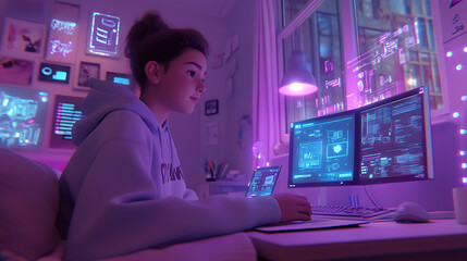 A 3D animated student in a smart dorm room, with voice-activated AI devices and advanced holographic displays showing study material and schedules 
