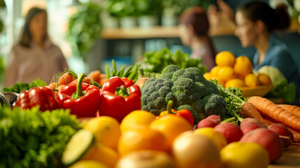 Fresh vegetables and fruits are beautifully arranged, showcasing vibrant colors and textures, creating inviting atmosphere for healthy eating and nutrition advice