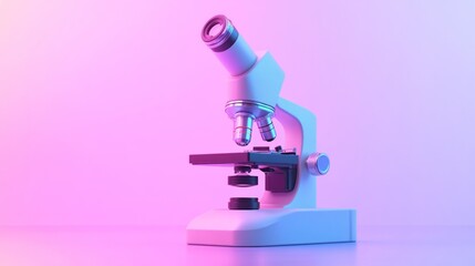 A microscope is on a table with a pink background