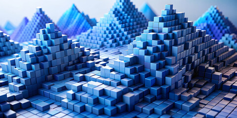 Abstract mountain range composed of indigo cubes with dynamic light creating a surreal landscape, cubes, indigo