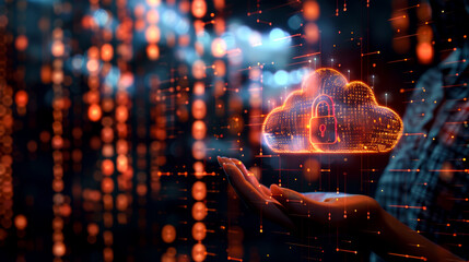 person holding glowing holographic cloud with padlock symbolizes digital security and data protection. This image conveys sense of innovation and technology in digital age