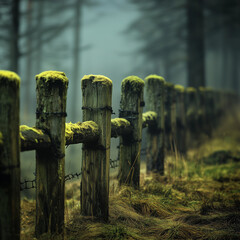 An old wooden fence with moss growing on the posts