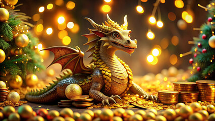 Fototapeta premium A charming golden dragon sits comfortably on a pile of coins, surrounded by bright holiday lights and decorations, capturing a cozy festive spirit