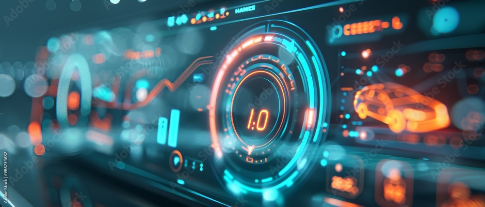 Poster a futuristic digital dashboard with vibrant graphics and data displays, highlighting speed and perfo