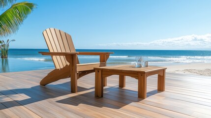 Naklejka premium Serene Beach Retreat with Wooden Chairs and Ocean View