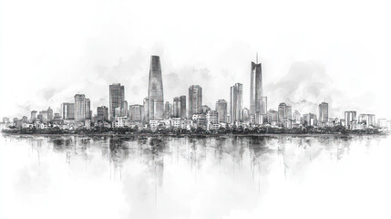 Fototapeta premium Ho Chi Minh City, Vietnam, black and white pen pencil hand-drawn effect drawing illustration for travel poster, card, wallpaper, backdrop or banner. Modern, clear, artistic and simple