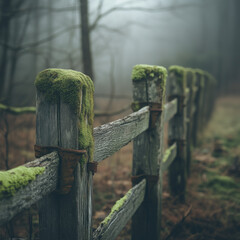 An old wooden fence with moss growing on the posts