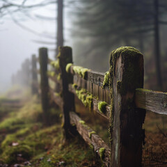 An old wooden fence with moss growing on the posts