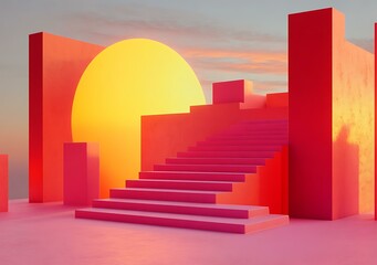 Abstract 3D Pink Staircase with Yellow Sun