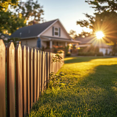 Wide view of a wooden picket fence in front of a cozy suburban home
