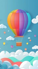 Fototapeta premium Colorful Hot Air Balloon Flying Above Clouds Illustration