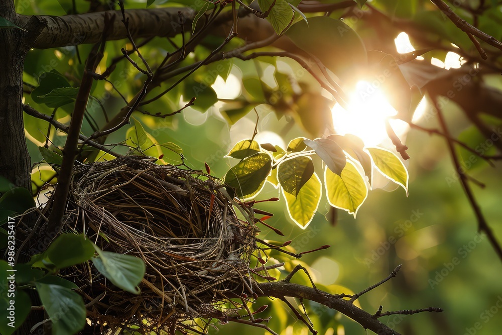 Poster a late afternoon setting where the sun's rays filter through the leaves, casting dappled light on an