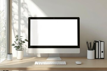Fototapeta premium Modern workspace template mock up background with generative ai